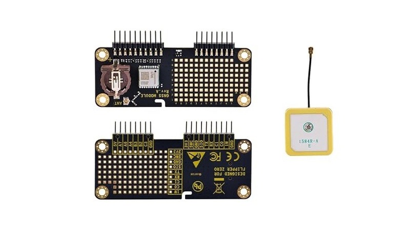 GPS module receiver on white background, both sides, plus antenna
