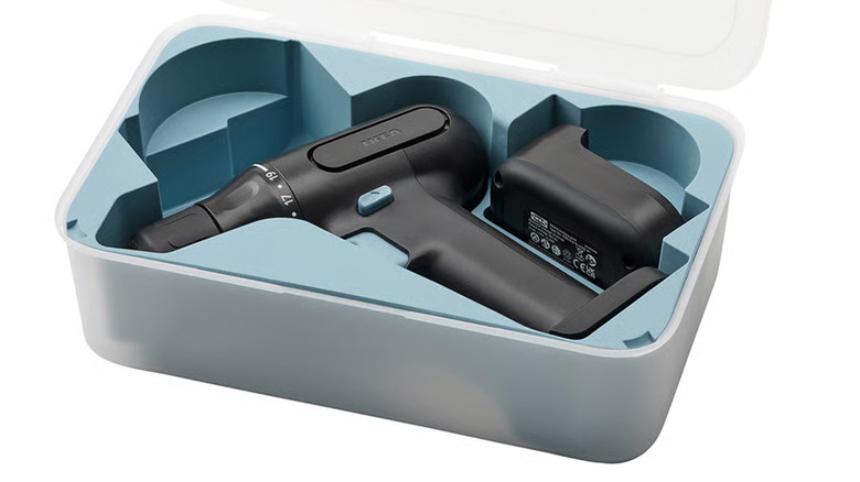 An Ikea power drill in a fashionable blue and white case