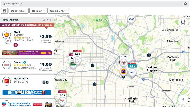 screenshot of gas prices in Los Angeles, from GasBuddy