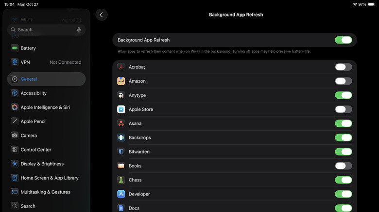Background App Refresh toggles turned off for specific apps on an iPad.