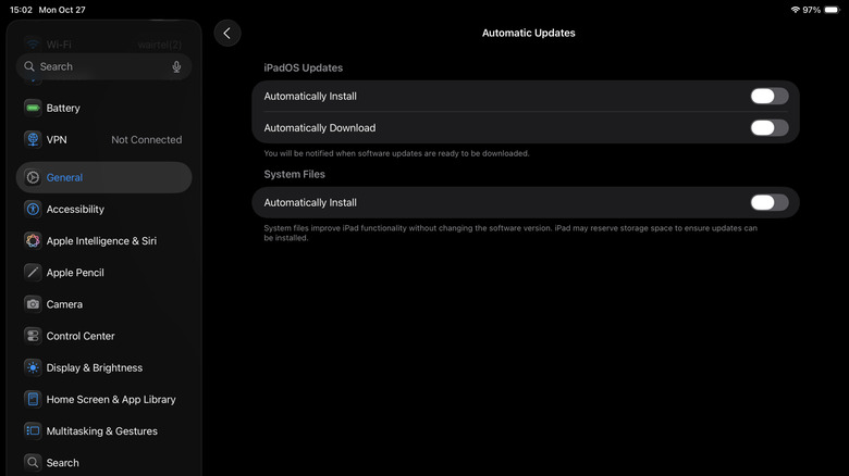 Automatic Install and Automatic Download options toggled off on an iPad.