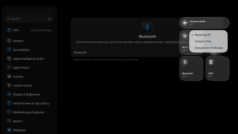 AirDrop control in Control Center set to the Receiving Off option on an iPad.