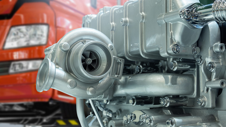 Close up of a turbo-charged diesel engine