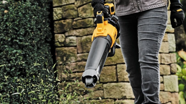 Person using DeWalt 20V Max XR Brushless Handheld Blower on grass clippings