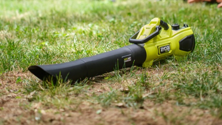 Ryobi 40V HP Brushless Cordless Blower/Mulcher/Vacuum sitting on the lawn