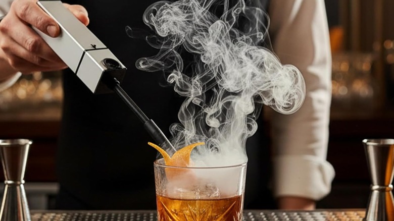 man using smoker on cocktail