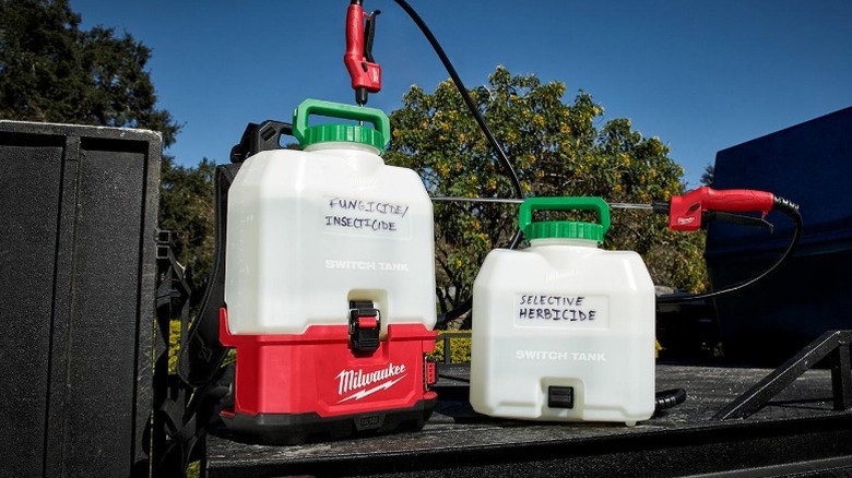 Milwaukee M18 Switch Tank 4-Gallon Backpack Sprayers on truck bed