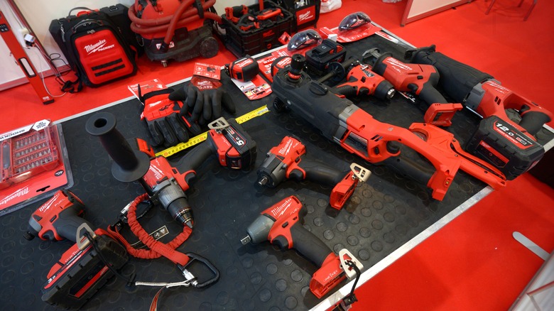 Milwaukee tools and equipment laid out