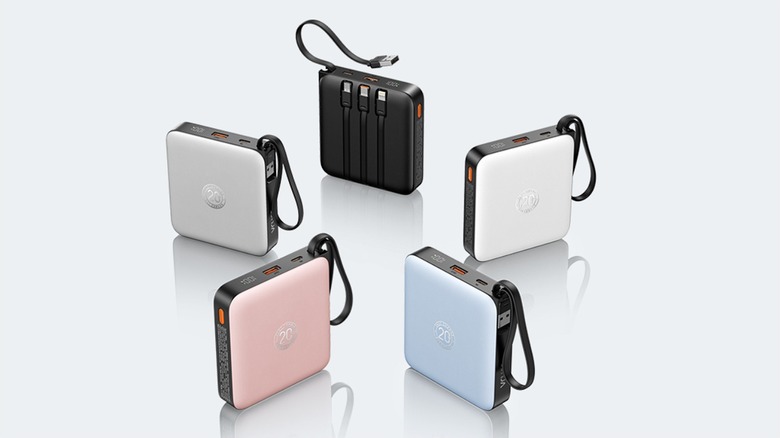 Five Vrurc power banks in different colors on a light blue background.