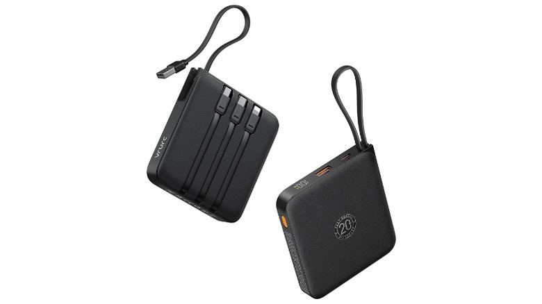 Two black power banks with integrated cables on a white background.