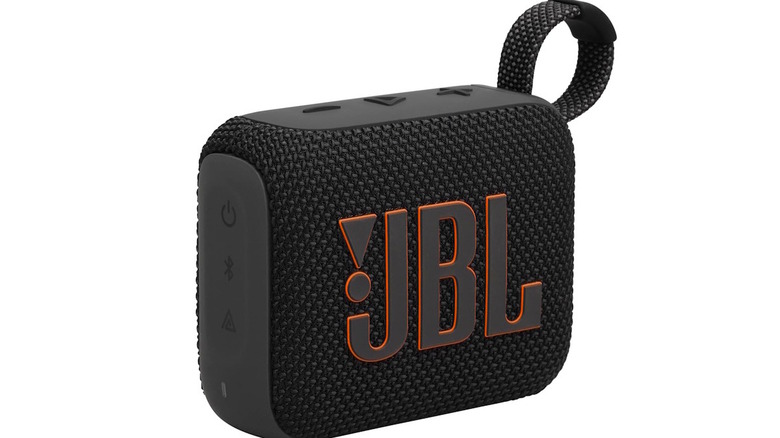 A JBL 4 Go with the JBL logo on front, on a white background