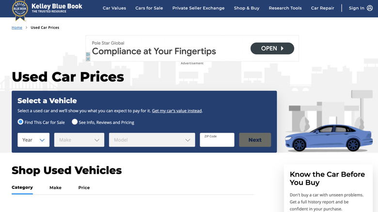 A Kelley Blue Book webpage where you can search used car prices.