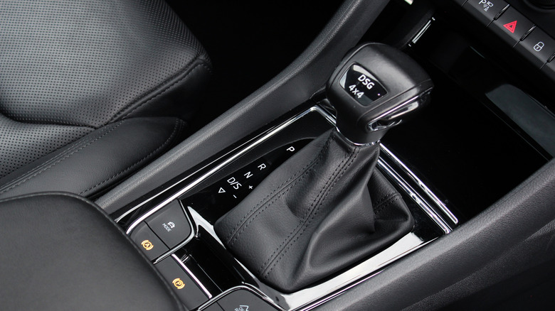 Detail view of automatic transmission shifter stalk in "Park" position