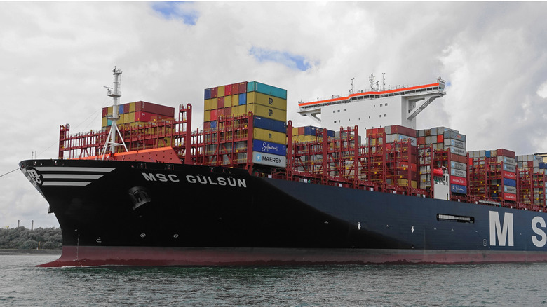 the  MSC Gülsün sailing close to shore with its deck stacked with shipping containers