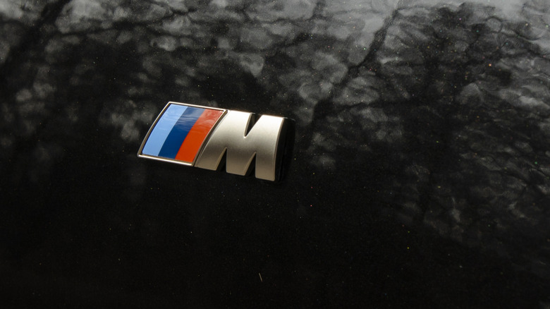 Close up of BMW M badge on black car