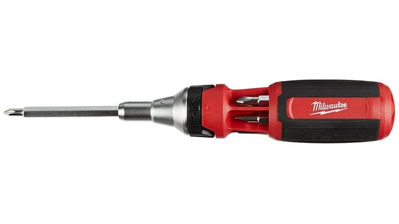 A ratcheting screwdriver by Milwaukee with a few bits held in the handle
