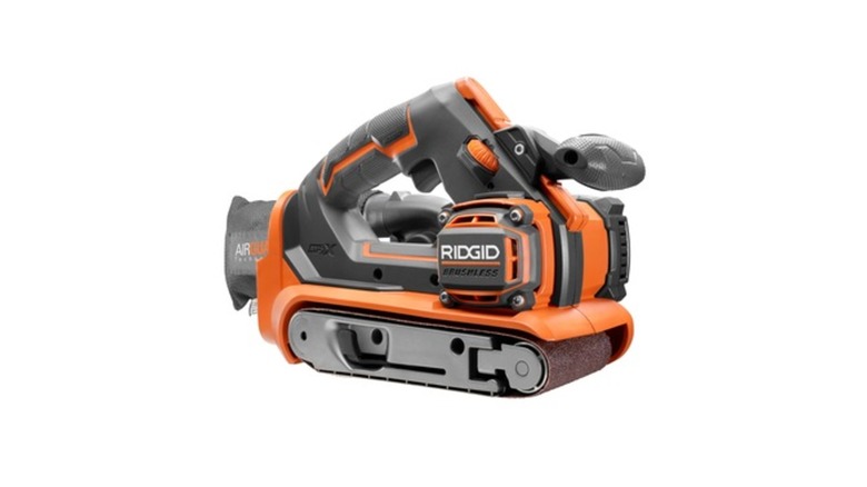 The Ridgid 18V Brushless Belt Sander Kit on a white background