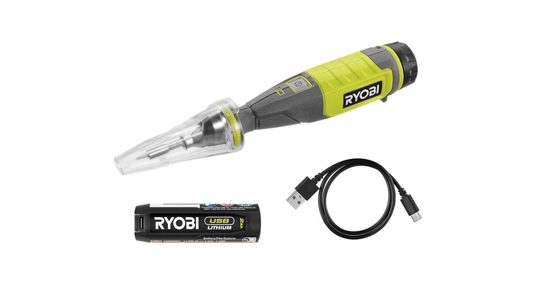 The Ryobi USB Lithium Soldering Pen Kit with a USB-A to USB-C cable and a battery