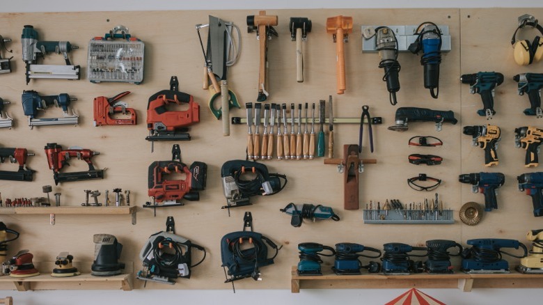 Tools arranged on a wall