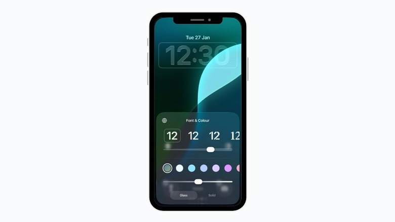 Screenshot of an iPhone lock screen customization showing the new slider to adjust Liquid Glass effects