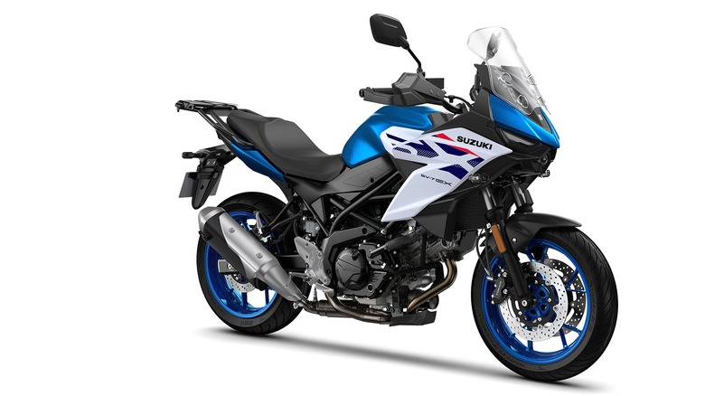 An image of a sporty Suzuki SV-7GX in a sharp blue-and-white adventure-touring setup.