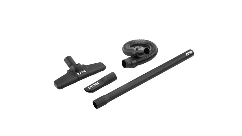 Black extension wand, crevice tool, floorhead, and hose for a hand vacuum with a white background