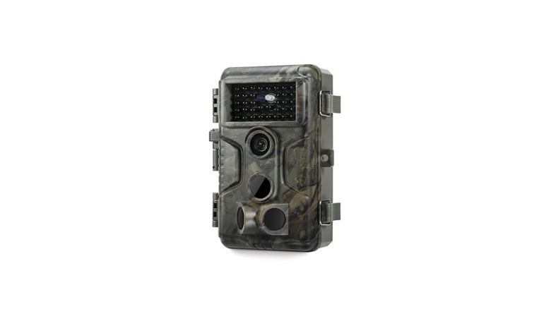 Camo covered GardePro A3S trail camera on a white background