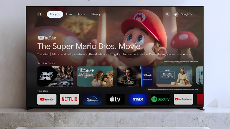 The Super Mario Bros. Movie being shown on a TV with apps like YouTube and Netflix and movies like FastX being shown.