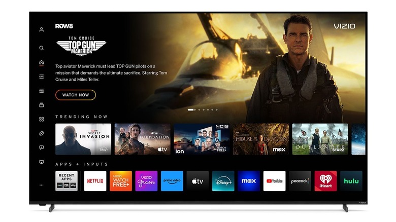 A VIZIO 50-inch Quantum Pro showing the TOP GUN Maverick movie with shows under the trending now section over some apps.
