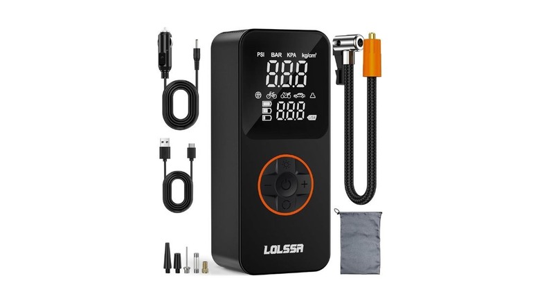 The Lolssa Portable Air Compressor, images representing attachments float next to it.