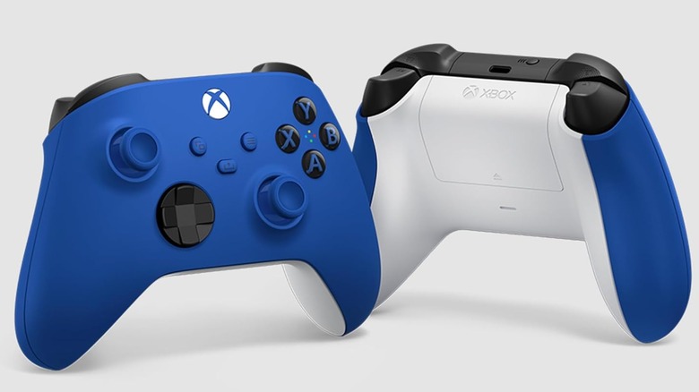 Two Xbox Wireless Gaming Controllers in blue showing their front and back appearance