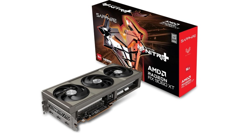 A render of the AsRock Challenger Sapphire Nitro Plus RX 9060 XT graphics card with its box with a white background
