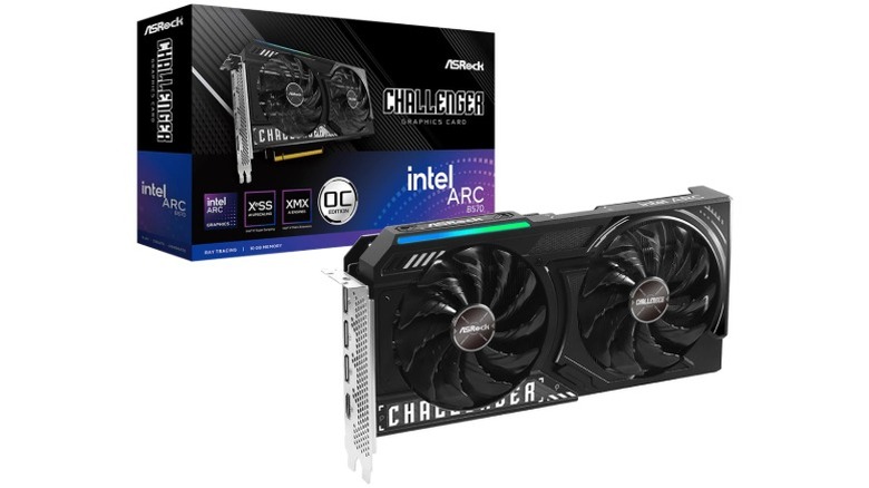 A render of the AsRock Challenger Intel Arc B570 graphics card with its box with a white background