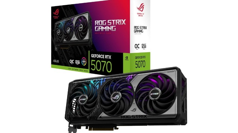 A render of the ASUS Strix RTX 5070 graphics card with its box with a white background