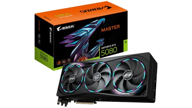 A render of the Gigabyte RTX 5080 Aorus Master graphics card with its box with a white background