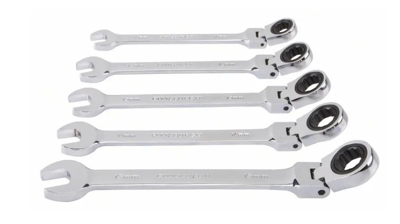 Set of five silver flex head ratcheting wrenches