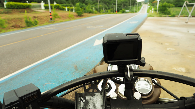 A motorcycle with attached dash cam