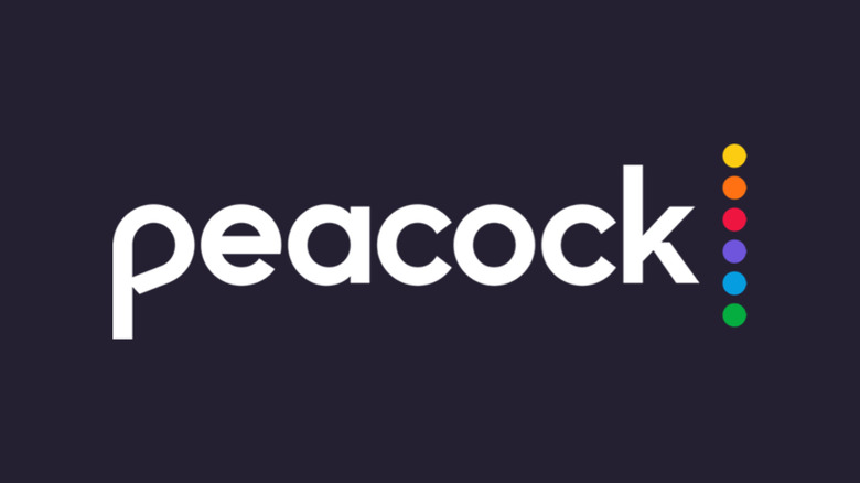 Peacock's logo, the word "peacock" in white next to six colored circles, on black background.