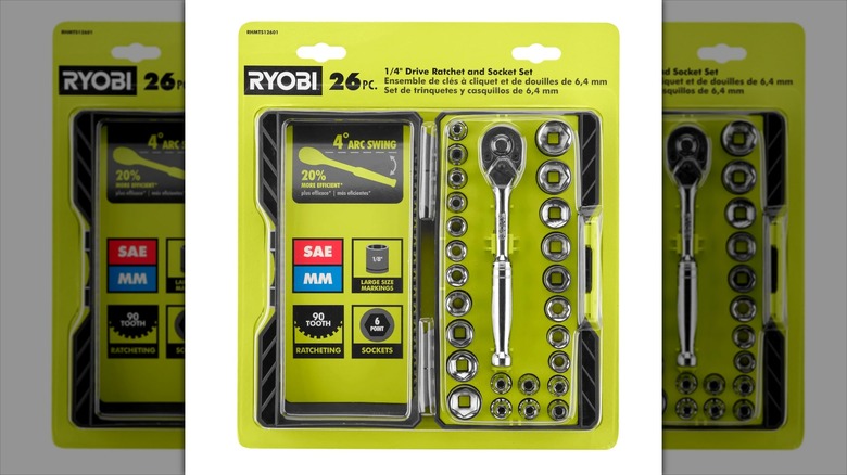 Ryobi 26-piece ¼-inch Drive Ratchet and Socket Set in packaging