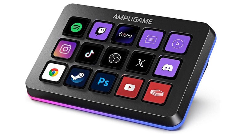 The Fifine AmpliGame Stream Controller with multiple activated icons on a white background