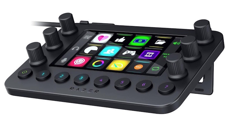 Razer Stream Controller with multiple icons on the screen, numbers lighting up on a white background