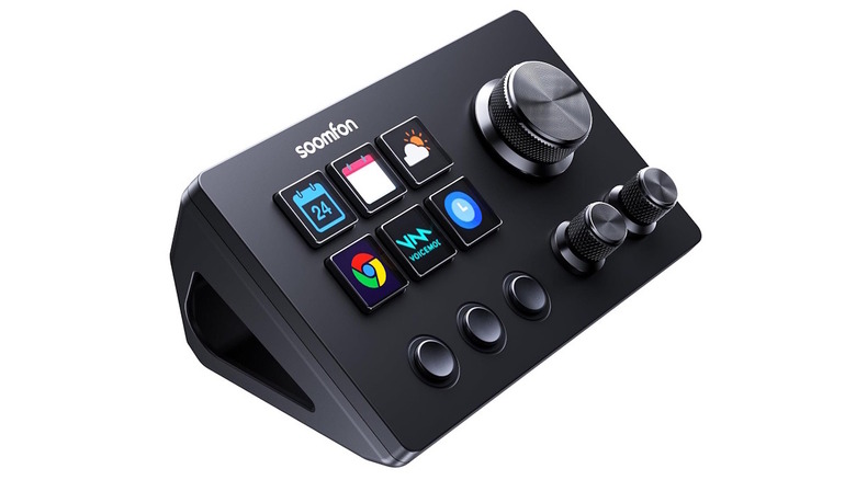 The Soomfon controller with several icons highlighted on the buttons on a white background