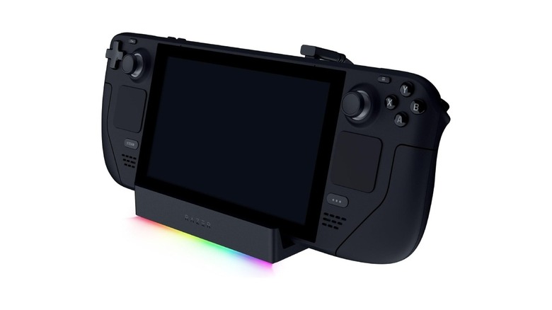 Razer Chroma handheld dock attached to a Steam Deck
