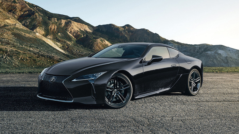 2025 Lexus LC500, front 3/4 view, black exterior and black wheels