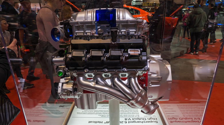 A display of the 6.2L HEMI Hellcat engine.