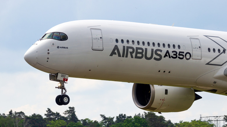 An Airbus A350 with its model type prominently displayed