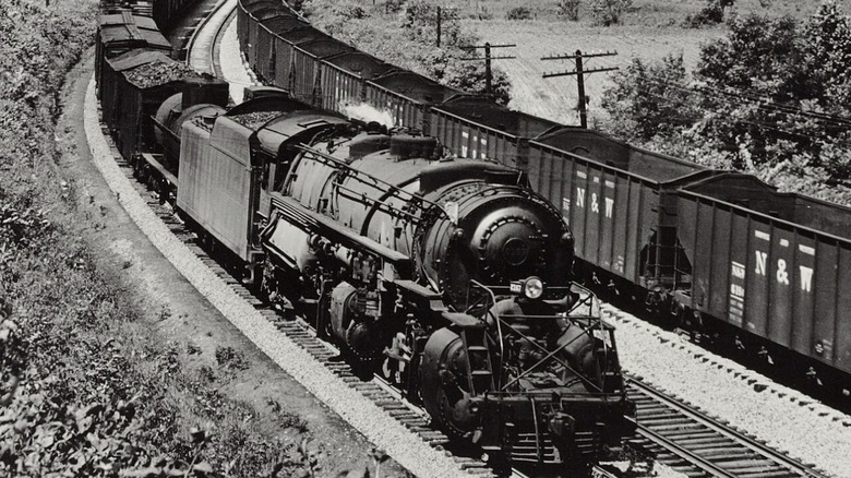 Train with coal cars traveling on the Norfolk & Western Railway.
