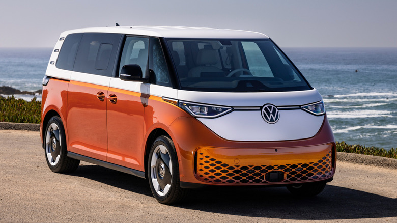 Volkswagen ID.Buzz viewed from front angle with ocean in background