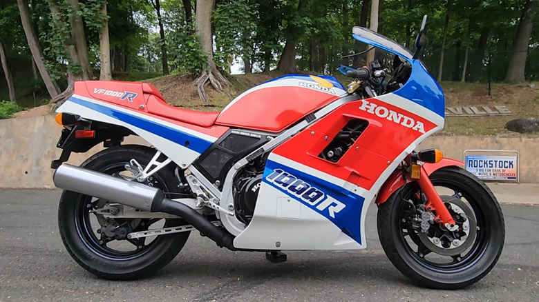 A 1986 Honda VF1000R parked by the parking lot