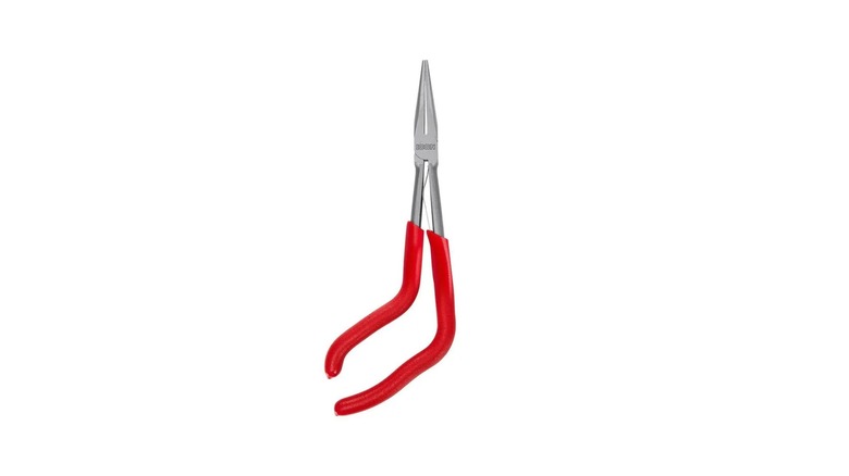 Icon's Needle Nose pliers with a curved, red angle on a white background.